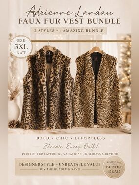 🔥🐆Adrienne Landau Faux Fur Vest Bundle 3X NWT | Leopard Print Luxe